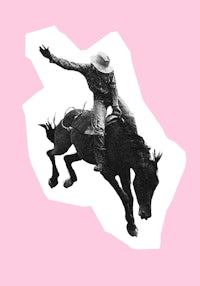 a black and white illustration of a cowboy riding a horse on a pink background