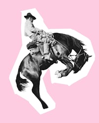 a black and white photo of a cowboy riding a horse on a pink background