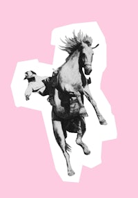 a cowboy riding a horse on a pink background